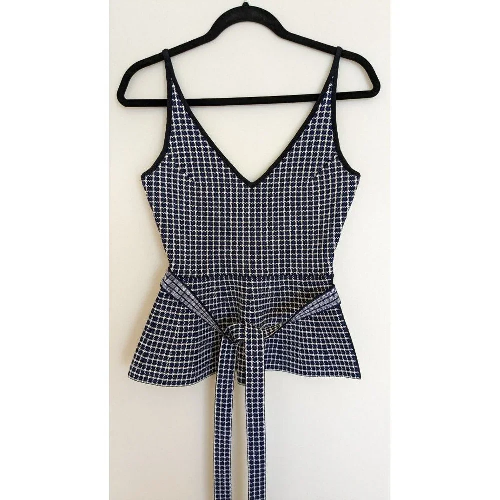 SCANLAN THEODORE Crepe Knit Plaid Strappy Top in Navy Blue, Small/8 - Picture 3 of 9
